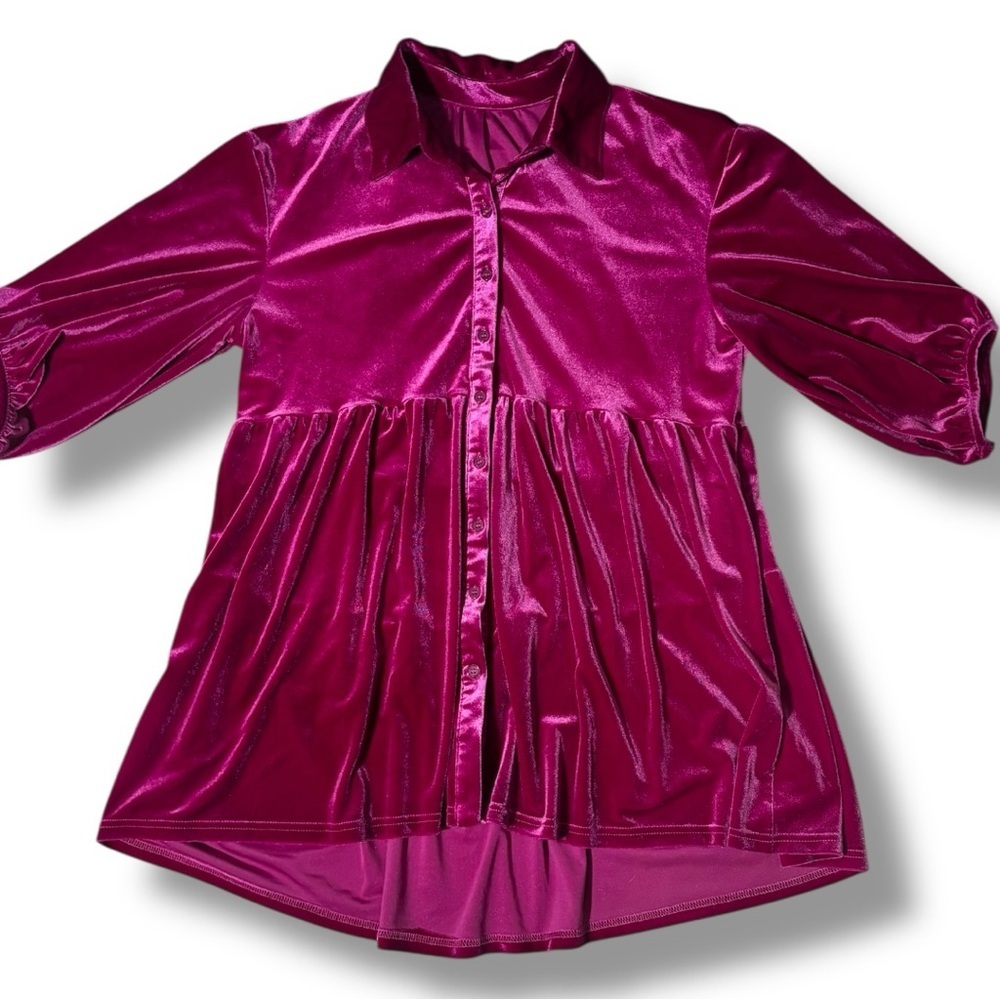 Chic Fuchsia Button-Front Velvet 3/4 Balloon Sleeves Tiered Collared Tunic Top - Picture 8 of 16
